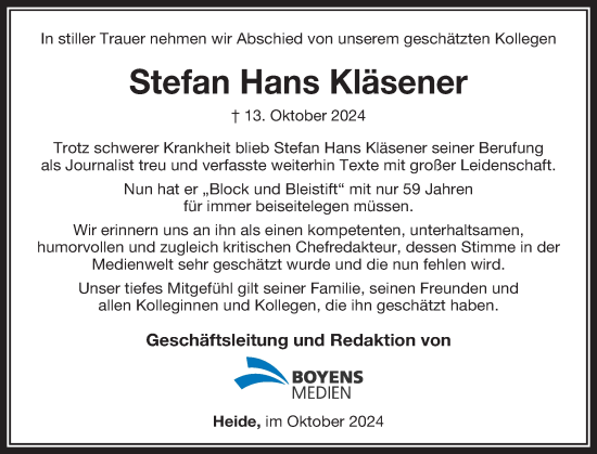 Traueranzeige von Stefan Hans Kläsener von Region Flensburg