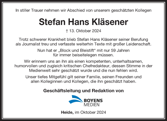 Traueranzeige von Stefan Hans Kläsener von Stormarner Tageblatt