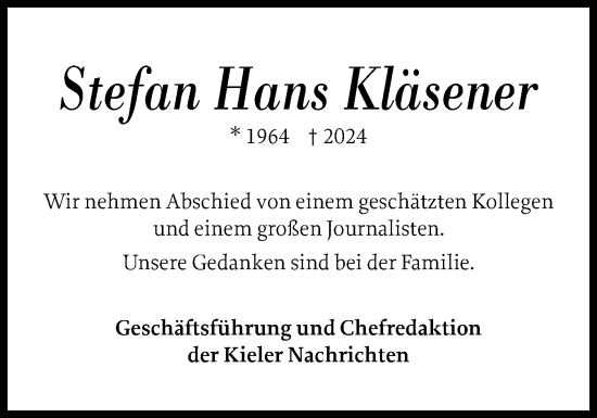 Traueranzeige von Stefan Hans Kläsener von Region Flensburg