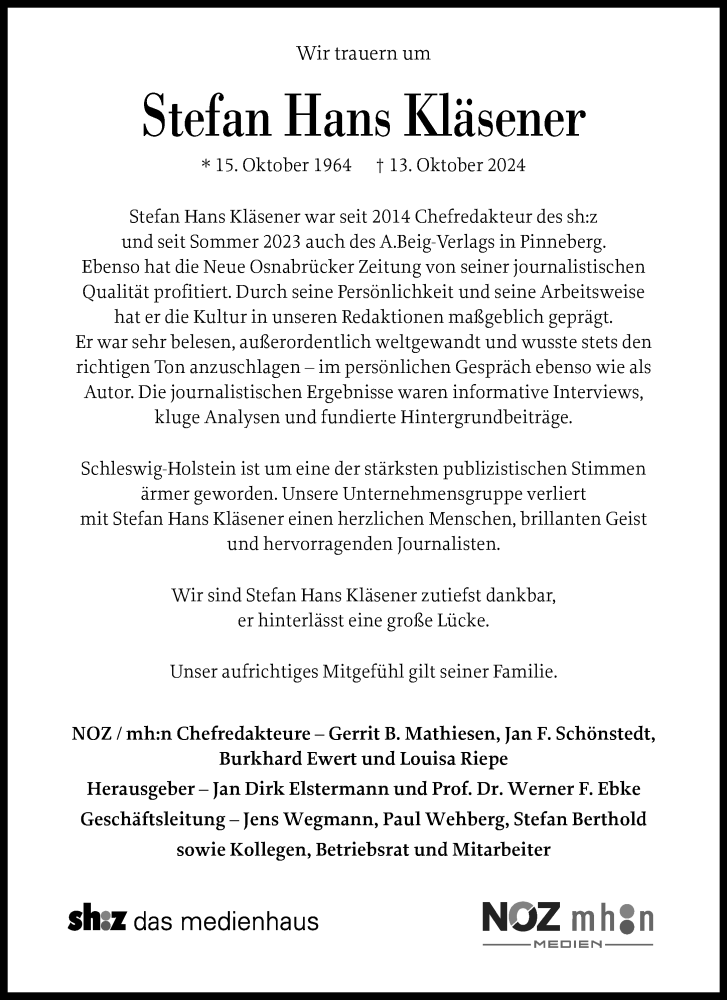  Traueranzeige für Stefan Hans Kläsener vom 19.10.2024 aus Stormarner Tageblatt