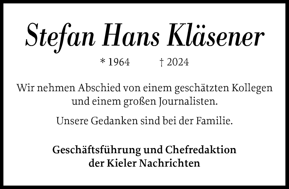  Traueranzeige für Stefan Hans Kläsener vom 19.10.2024 aus Stormarner Tageblatt