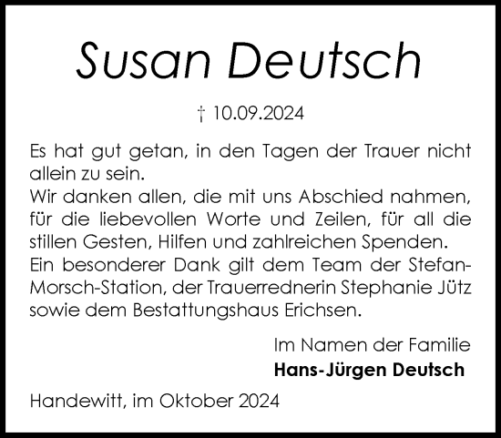 Traueranzeige von Susan Deutsch von Flensburger Tageblatt