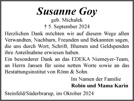 Traueranzeige von Susanne Goy von Schleswiger Nachrichten, Schlei-Bote