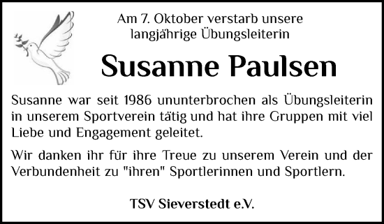 Traueranzeige von Susanne Paulsen von Flensburger Tageblatt, Schleswiger Nachrichten, Schlei-Bote