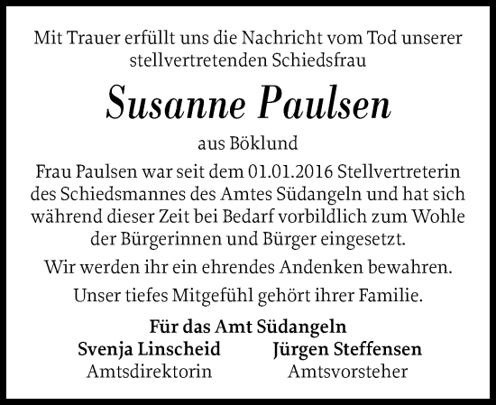 Traueranzeige von Susanne Paulsen von Schleswiger Nachrichten, Schlei-Bote