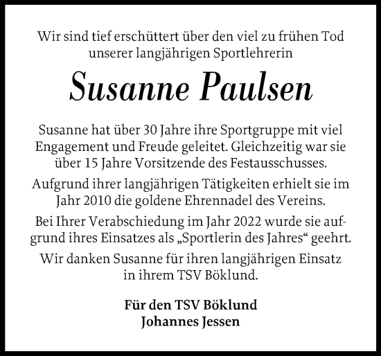 Traueranzeige von Susanne Paulsen von Schleswiger Nachrichten, Schlei-Bote