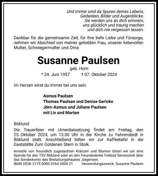 Traueranzeige von Susanne Paulsen von Flensburger Tageblatt, Schleswiger Nachrichten, Schlei-Bote