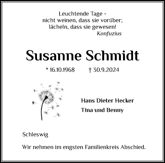 Traueranzeige von Susanne Schmidt von Schleswiger Nachrichten, Schlei-Bote