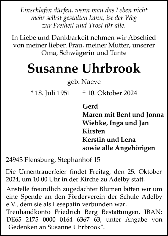 Traueranzeige von Susanne Uhrbrook von Flensburger Tageblatt