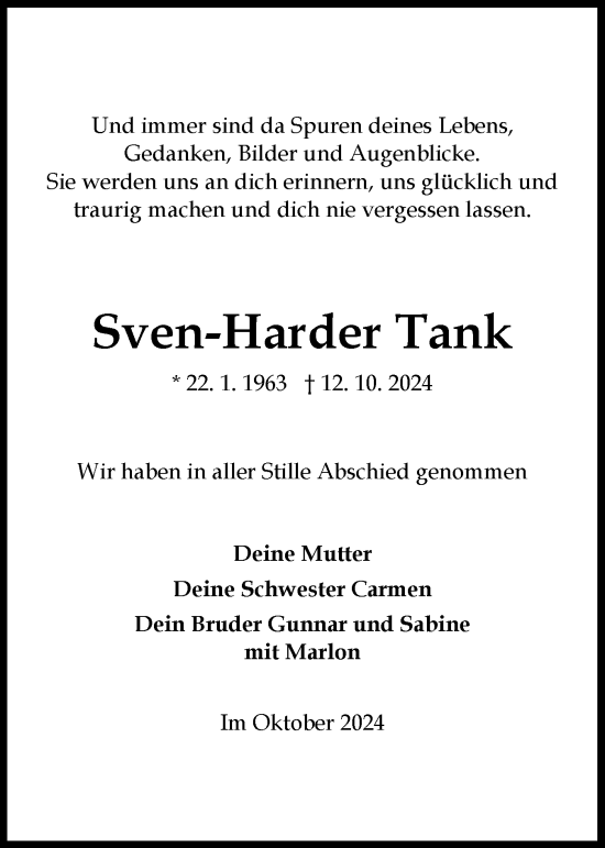 Traueranzeige von Sven-Harder Tank von Norddeutsche Rundschau, Wilstersche Zeitung, Glückstädter Fortuna