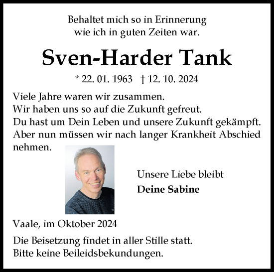 Traueranzeige von Sven-Harder Tank von Norddeutsche Rundschau, Wilstersche Zeitung, Glückstädter Fortuna