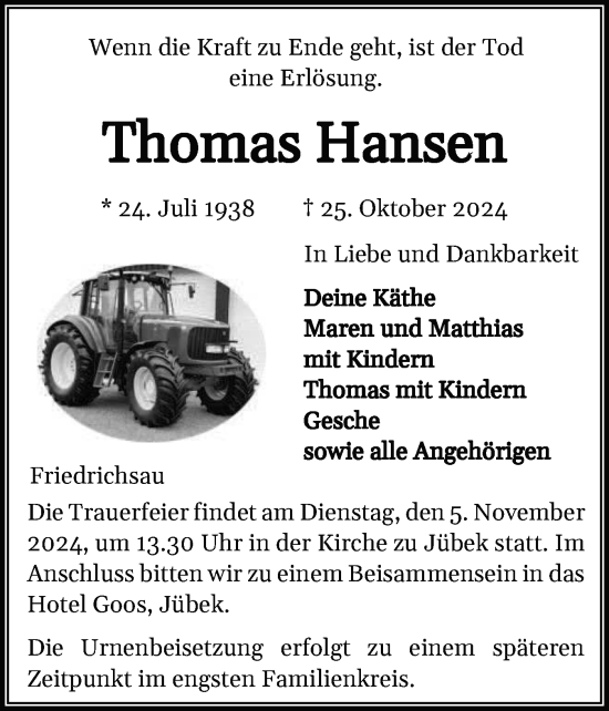 Traueranzeige von Thomas Hansen von Schleswiger Nachrichten, Schlei-Bote, Eckernförder Zeitung