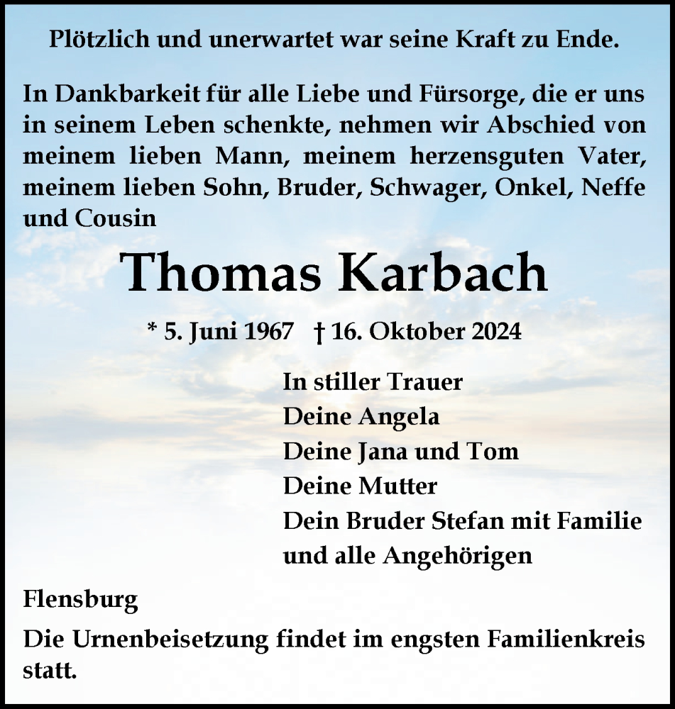  Traueranzeige für Thomas Karbach vom 19.10.2024 aus Flensburger Tageblatt