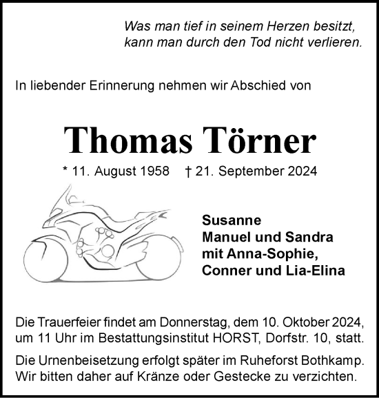 Traueranzeige von Thomas Törner von Holsteinischer Courier