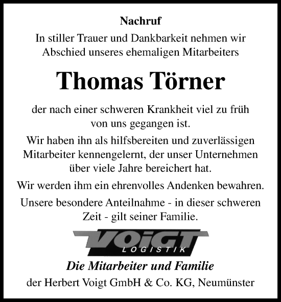 Traueranzeige von Thomas Törner von Holsteinischer Courier