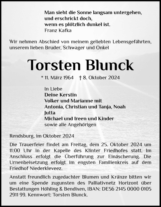 Traueranzeige von Torsten Blunck von Schleswig-Holsteinische Landeszeitung