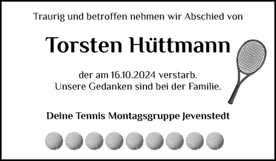 Traueranzeige von Torsten Hüttmann von Schleswig-Holsteinische Landeszeitung