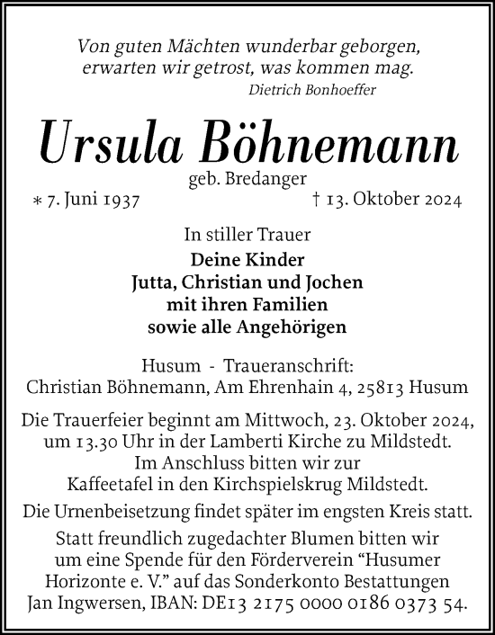 Traueranzeige von Ursula Böhnemann von Region Westküste