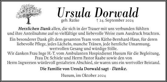 Traueranzeige von Ursula Dorwald von Husumer Nachrichten, Nordfriesland Tageblatt