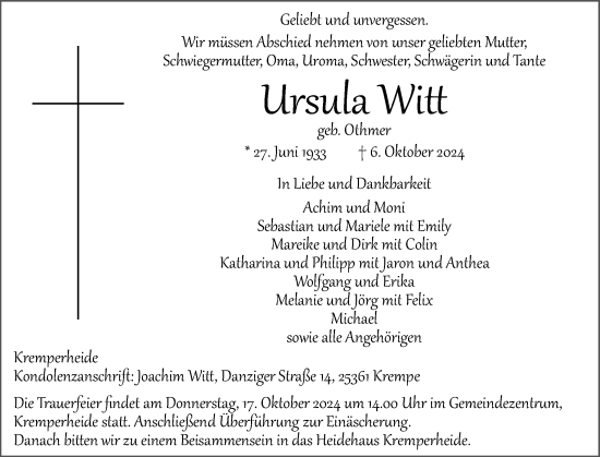 Traueranzeige von Ursula Witt von Norddeutsche Rundschau, Wilstersche Zeitung, Glückstädter Fortuna