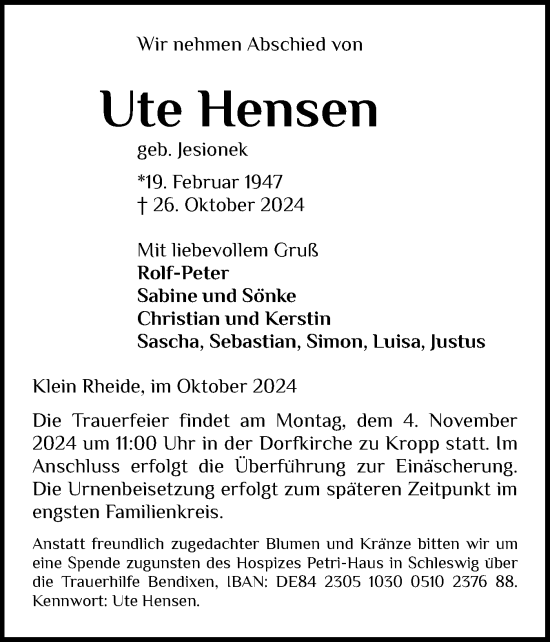 Traueranzeige von Ute Hensen von Schleswig-Holsteinische Landeszeitung