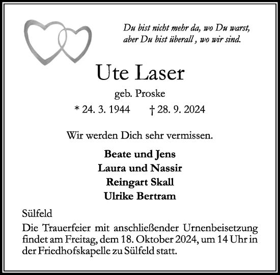 Traueranzeige von Ute Laser von Stormaner Tageblatt