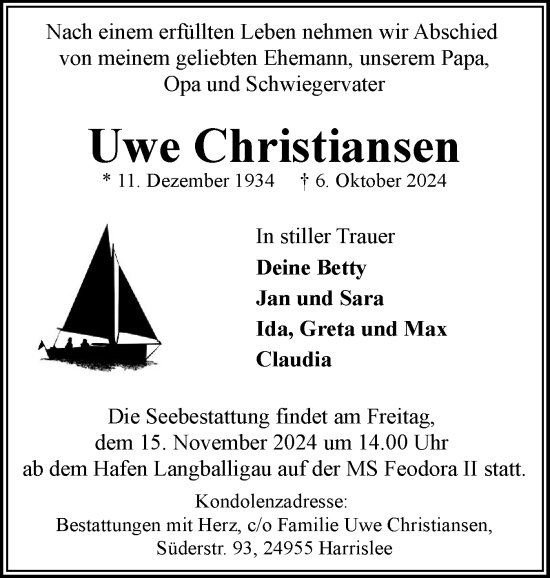 Traueranzeige von Uwe Christiansen von Flensburger Tageblatt