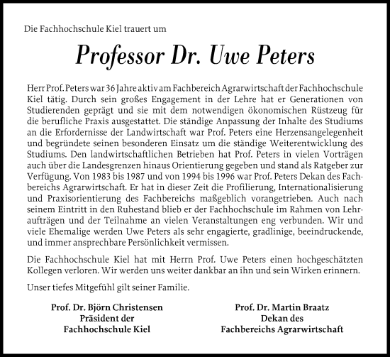 Traueranzeige von Uwe Peters von Schleswig-Holsteinische Landeszeitung