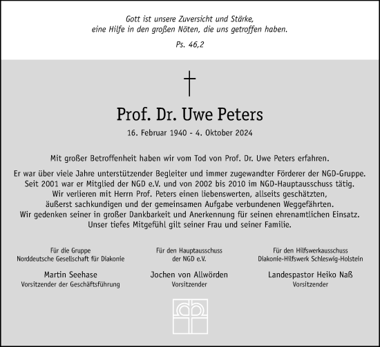 Traueranzeige von Uwe Peters von Schleswig-Holsteinische Landeszeitung