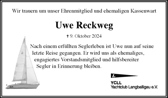 Traueranzeige von Uwe Reckweg von Flensburger Tageblatt