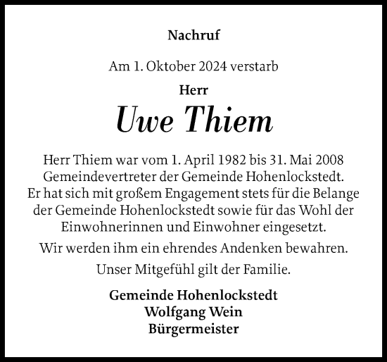 Traueranzeige von Uwe Thiem von Norddeutsche Rundschau, Wilstersche Zeitung, Glückstädter Fortuna