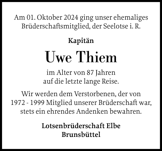 Traueranzeige von Uwe Thiem von Norddeutsche Rundschau, Wilstersche Zeitung, Glückstädter Fortuna