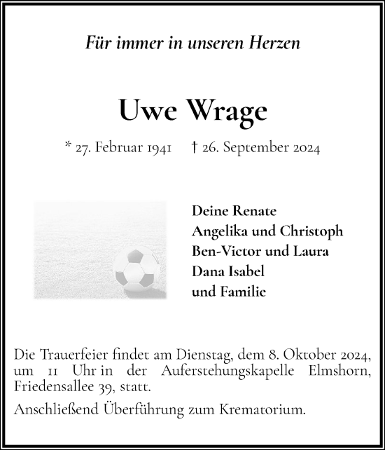 Traueranzeige von Uwe Wrage von Elmshorner Nachrichten, Barmstedter Zeitung