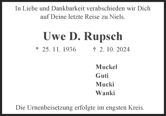 Traueranzeige von Uwe D. Rupsch von Holsteinischer Courier