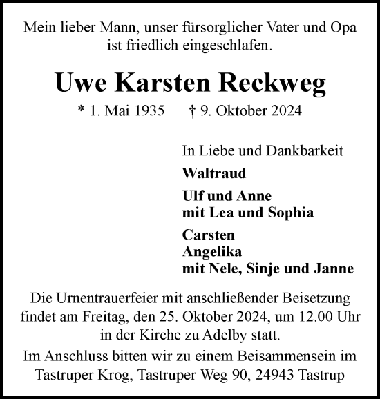 Traueranzeige von Uwe Karsten Reckweg von Flensburger Tageblatt