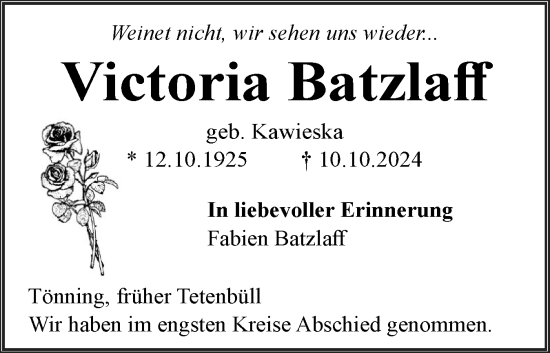 Traueranzeige von Victoria Batzlaff von Husumer Nachrichten, Nordfriesland Tageblatt