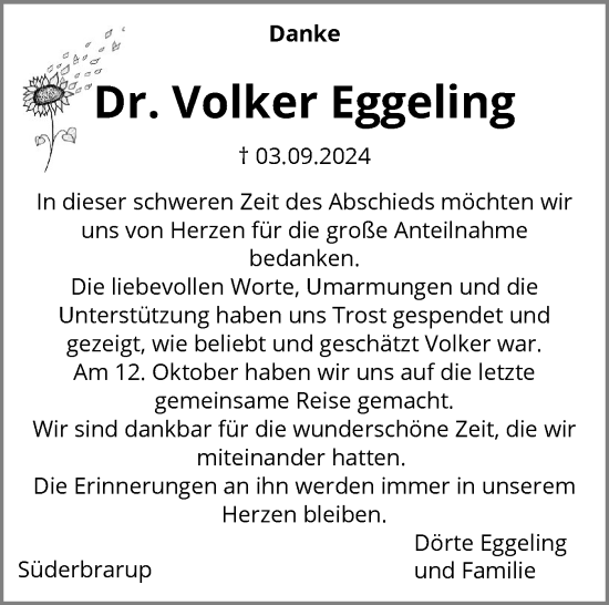 Traueranzeige von Volker Eggeling von Schleswiger Nachrichten, Schlei-Bote