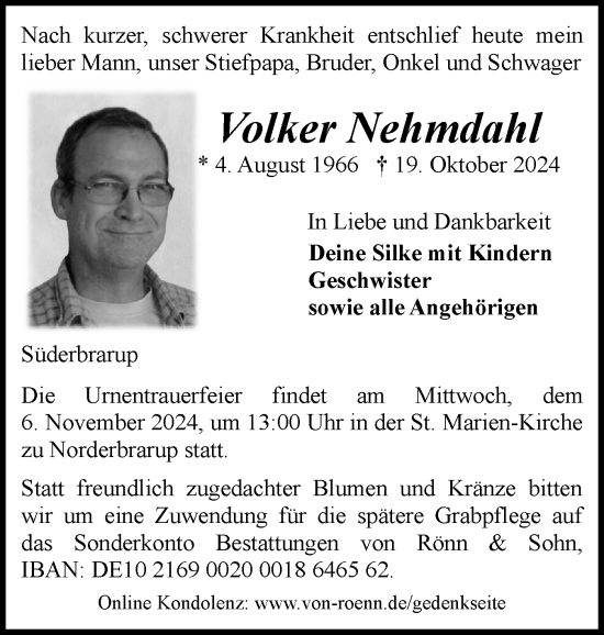 Traueranzeige von Volker Nehmdahl von Schleswiger Nachrichten, Schlei-Bote