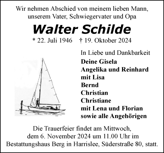 Traueranzeige von Walter Schilde von Flensburger Tageblatt