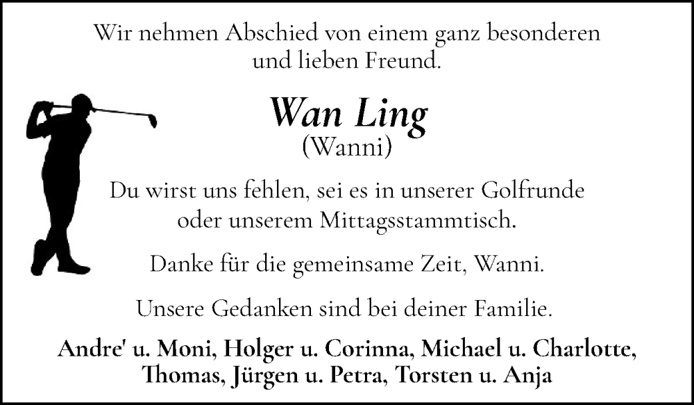  Traueranzeige für Wan Ling Got vom 26.10.2024 aus Flensburger Tageblatt