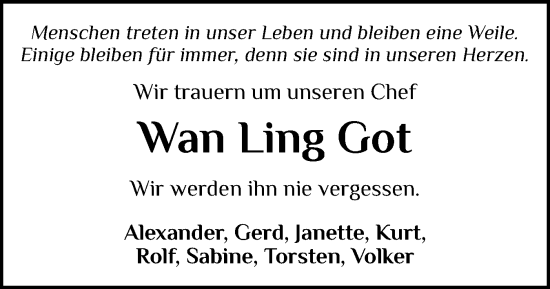 Traueranzeige von Wan Ling Got von Flensburger Tageblatt