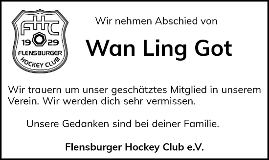 Traueranzeige von Wan Ling Got von Flensburger Tageblatt