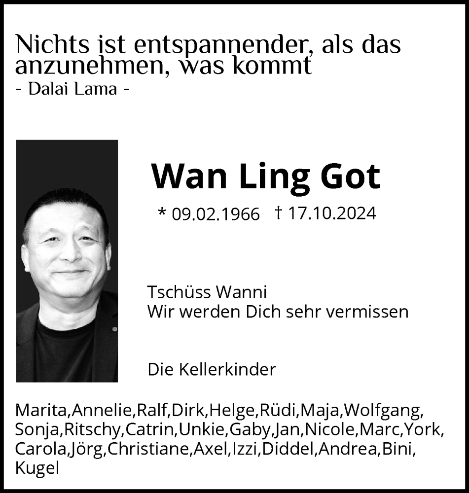  Traueranzeige für Wan Ling Got vom 26.10.2024 aus Flensburger Tageblatt