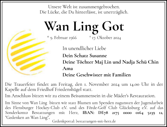 Traueranzeige von Wan Ling Got von Flensburger Tageblatt