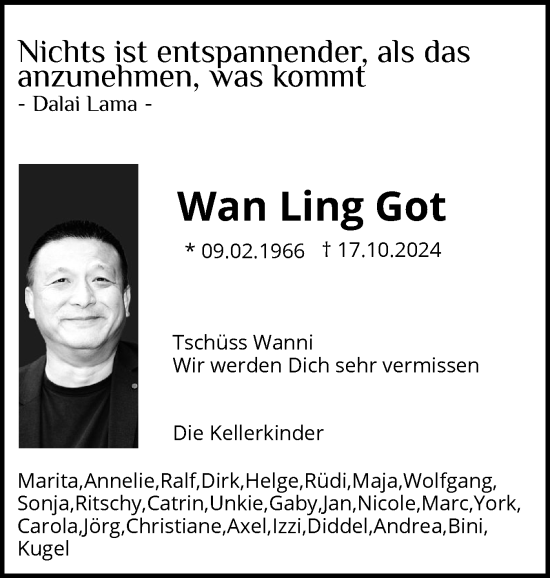 Traueranzeige von Wan Ling Got von Flensburger Tageblatt