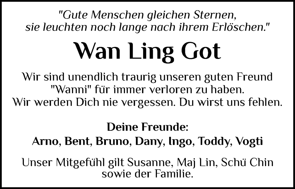  Traueranzeige für Wan Ling Got vom 26.10.2024 aus Flensburger Tageblatt