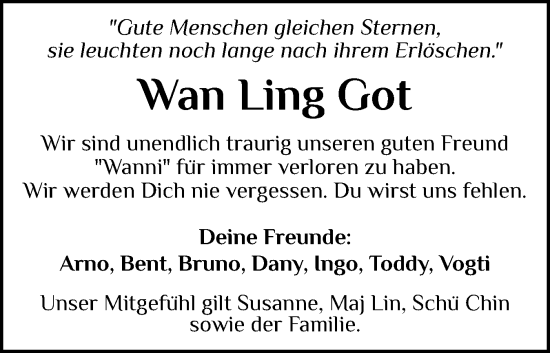 Traueranzeige von Wan Ling Got von Flensburger Tageblatt