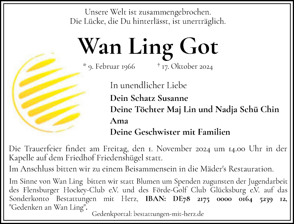  Traueranzeige für Wan Ling Got vom 26.10.2024 aus Flensburger Tageblatt