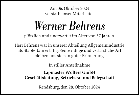 Traueranzeige von Werner Behrens von Schleswig-Holsteinische Landeszeitung