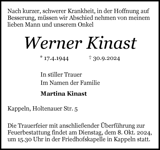 Traueranzeige von Werner Kinast von Schleswiger Nachrichten, Schlei-Bote